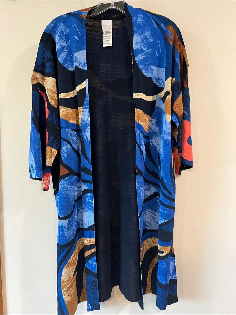 Chico's - Blue, Coral Abstract Open-Front Duster Kimono, long line, lightweight